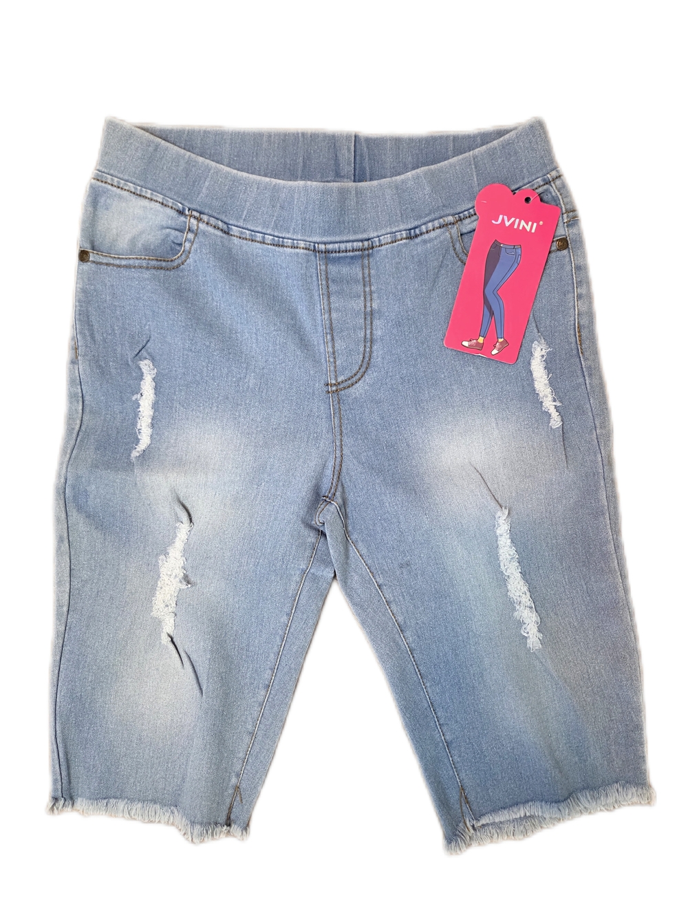 NWT JVINI Light Blue Distressed Denim Bermuda Shorts with Frayed Hem